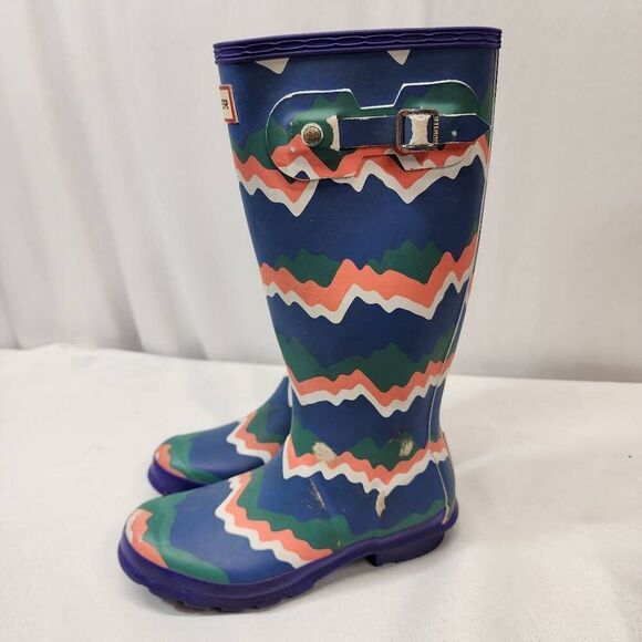 Hunter Kids First Storm Stripe Electric Rain Boots Size 4B/5G Green Blue Boys Gi - Picture 4 of 14